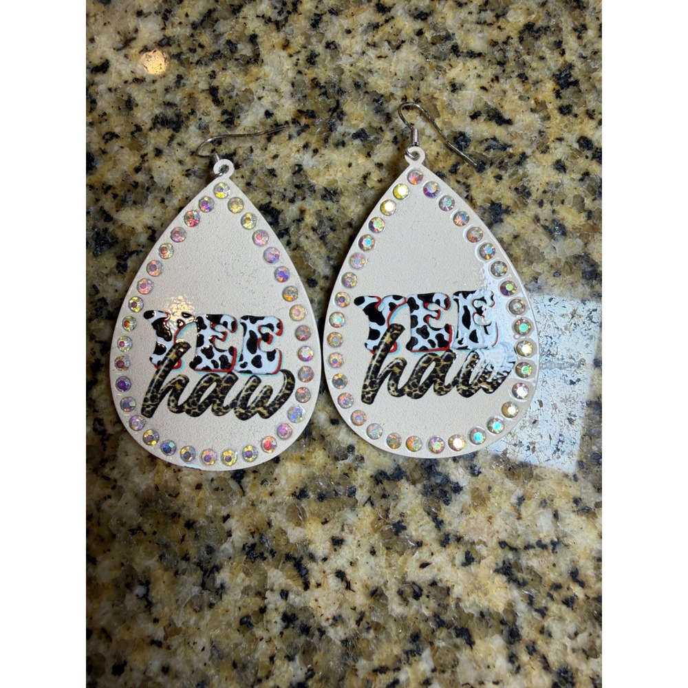 Yee Haw Western Teardrop Dangle Earrings Rhinestone Cow Leopard Print Cream